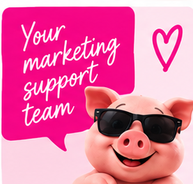 Social Piggy customer-support artwork with the pig mascot and the message “Your marketing support team”.