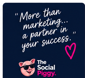 Social Piggy brand artwork with the message “More than marketing… a partner in your success”.