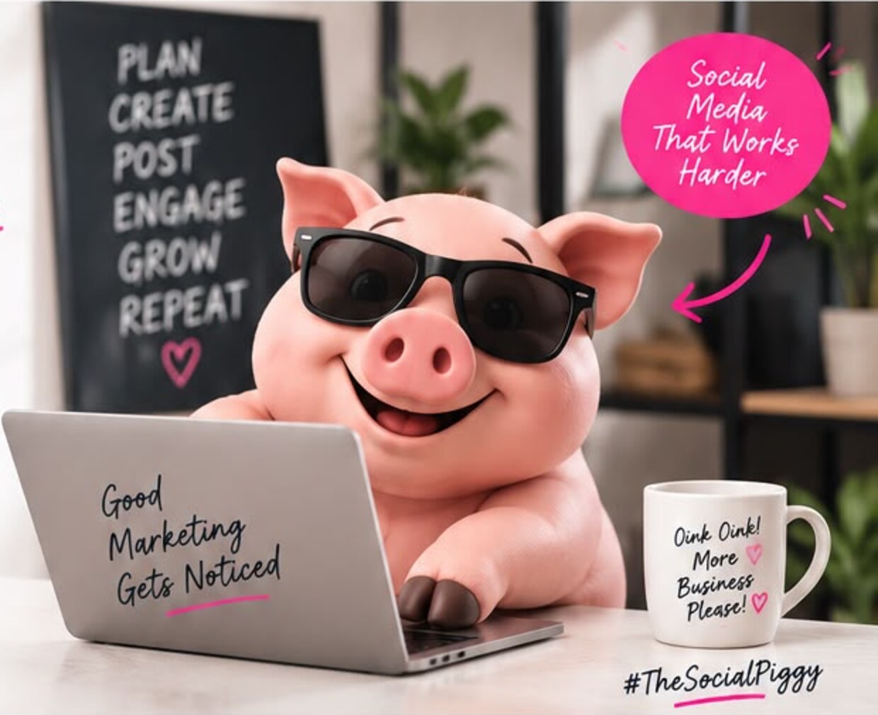 The Social Piggy mascot working on a laptop in a marketing workspace